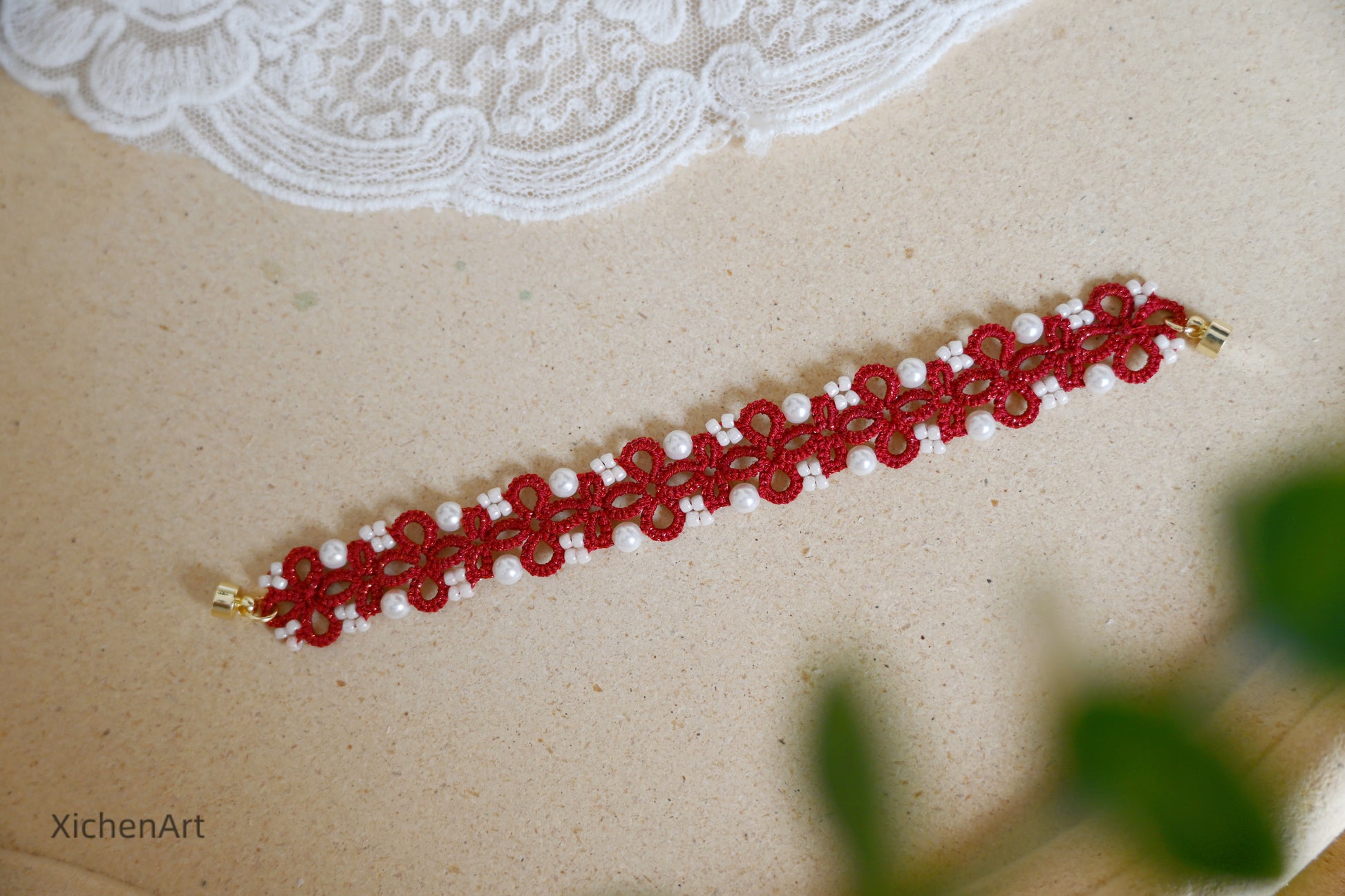 handmade tatting bracelet with pearl