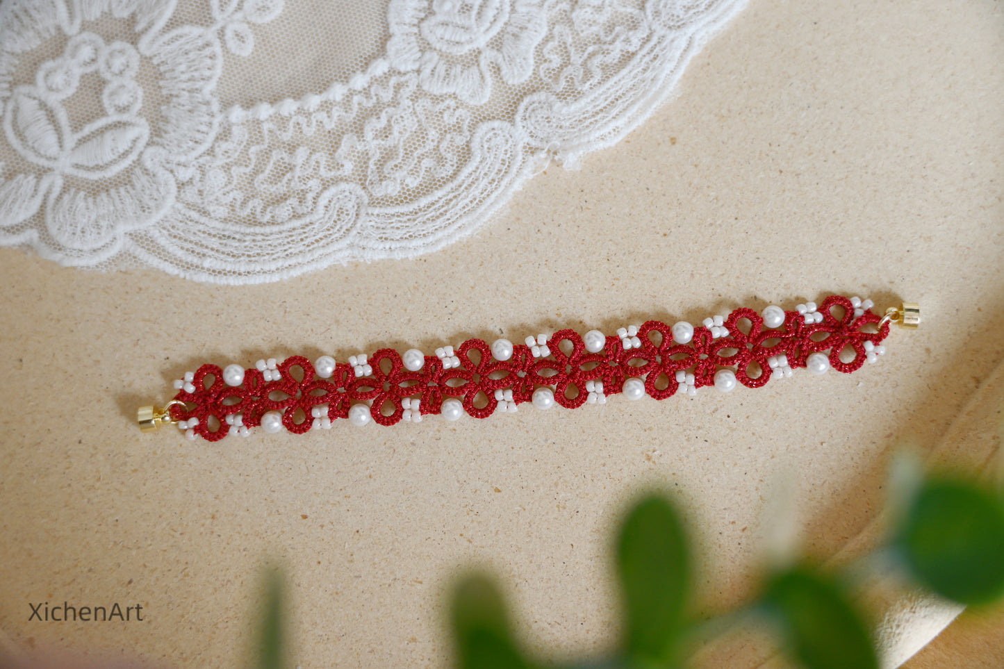 handmade tatting bracelet with pearl