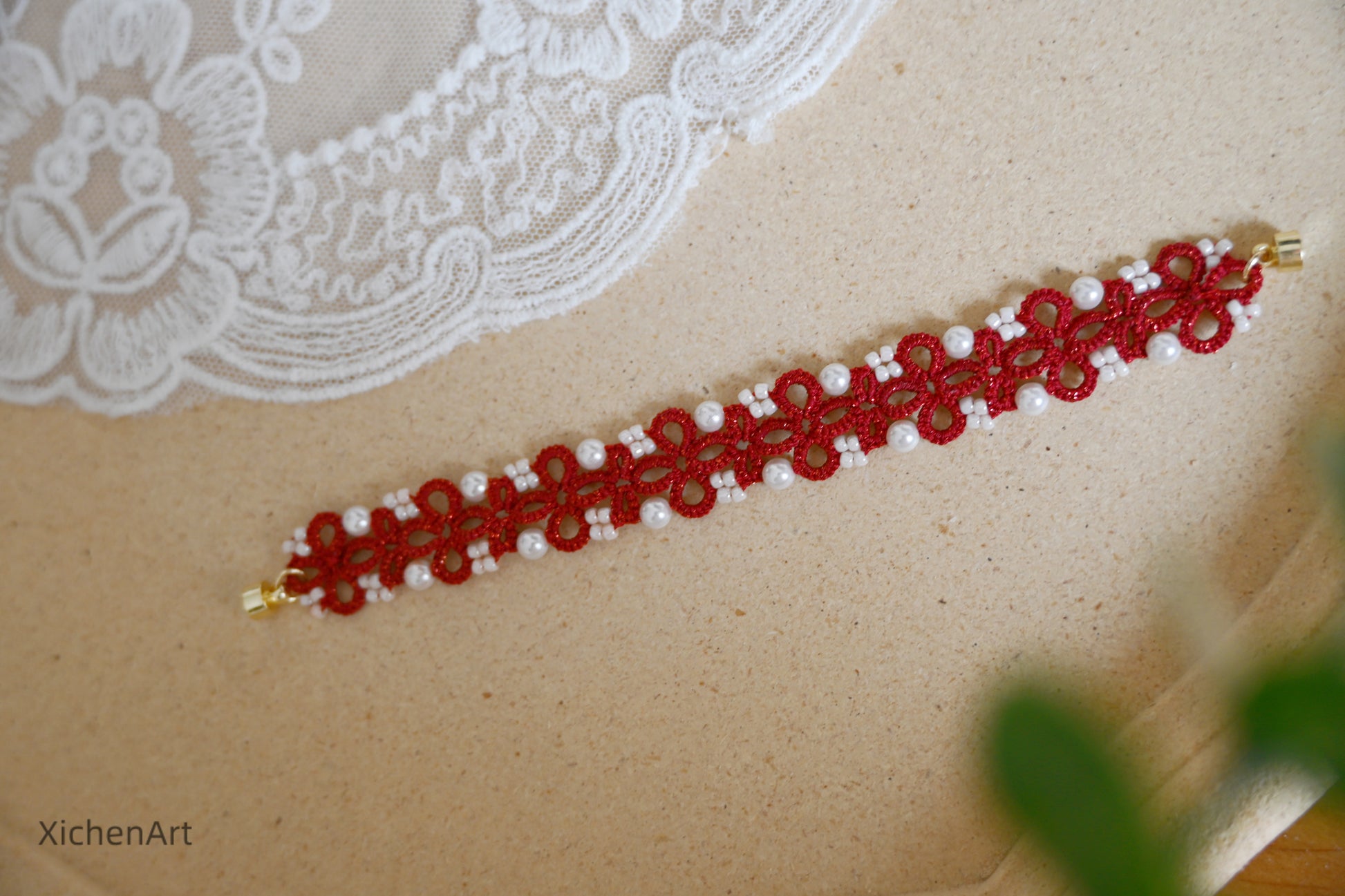 handmade tatting bracelet with pearl