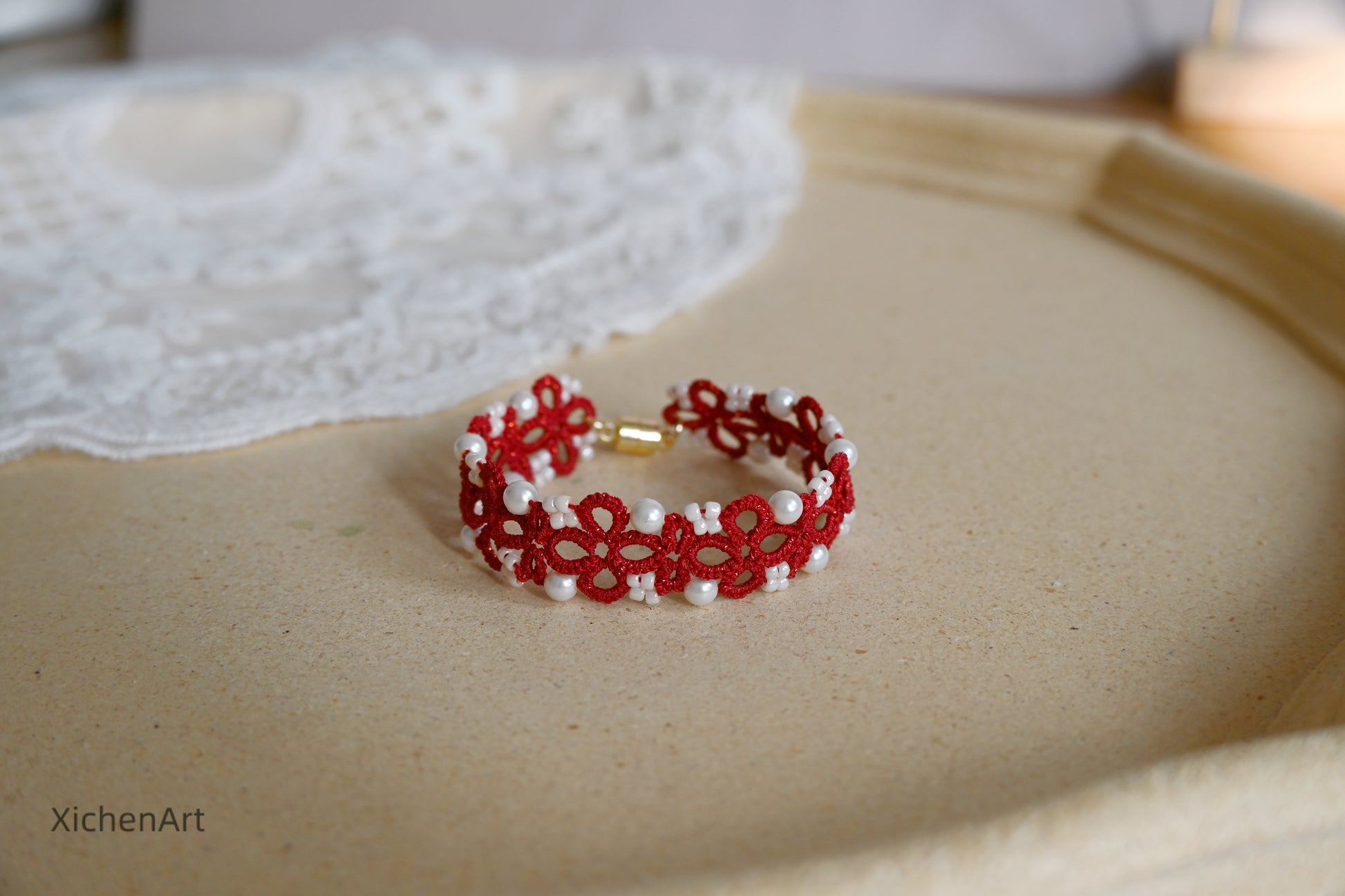 handmade tatting bracelet with pearl