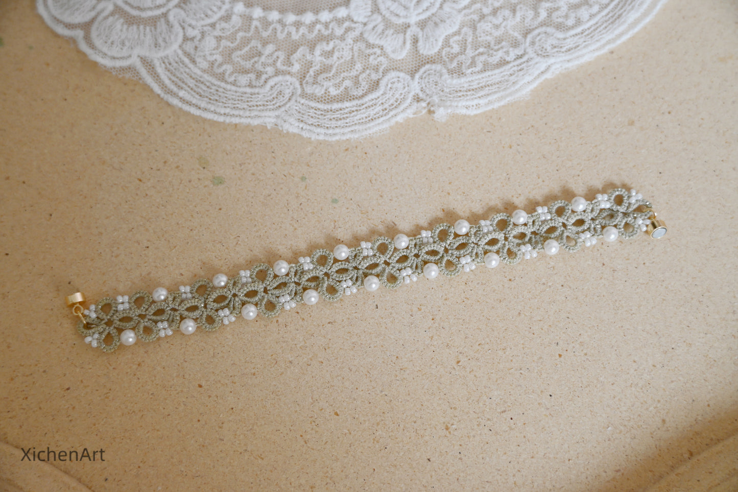 handmade tatting bracelet with pearl