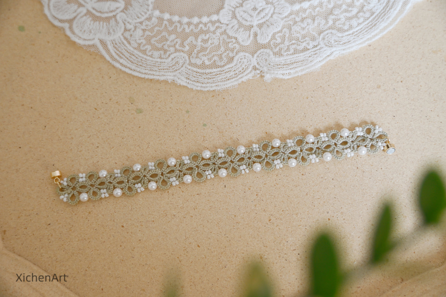 handmade tatting bracelet with pearl