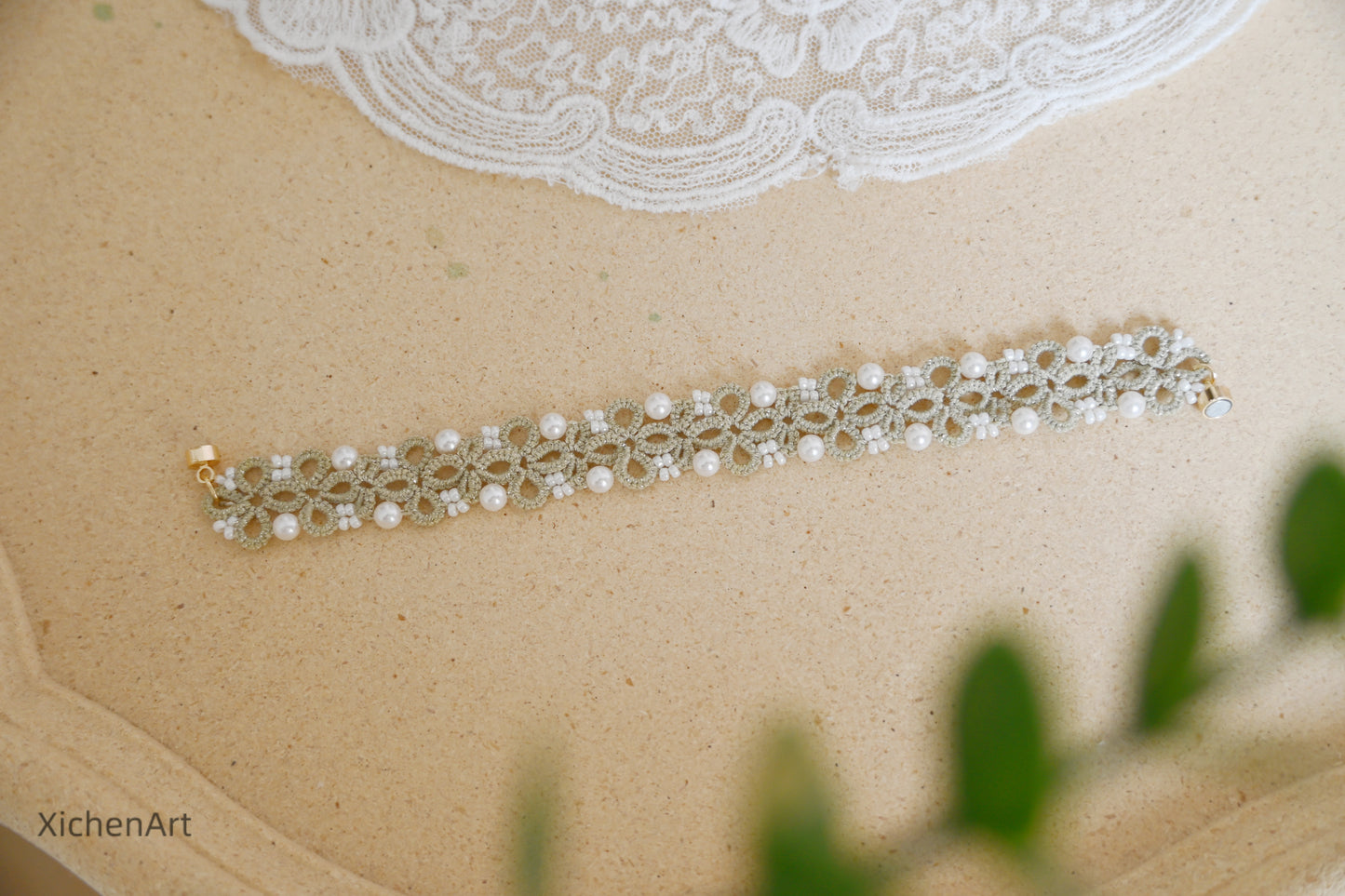 handmade tatting bracelet with pearl