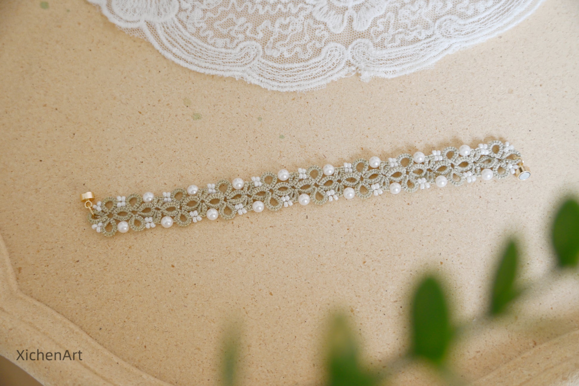 handmade tatting bracelet with pearl