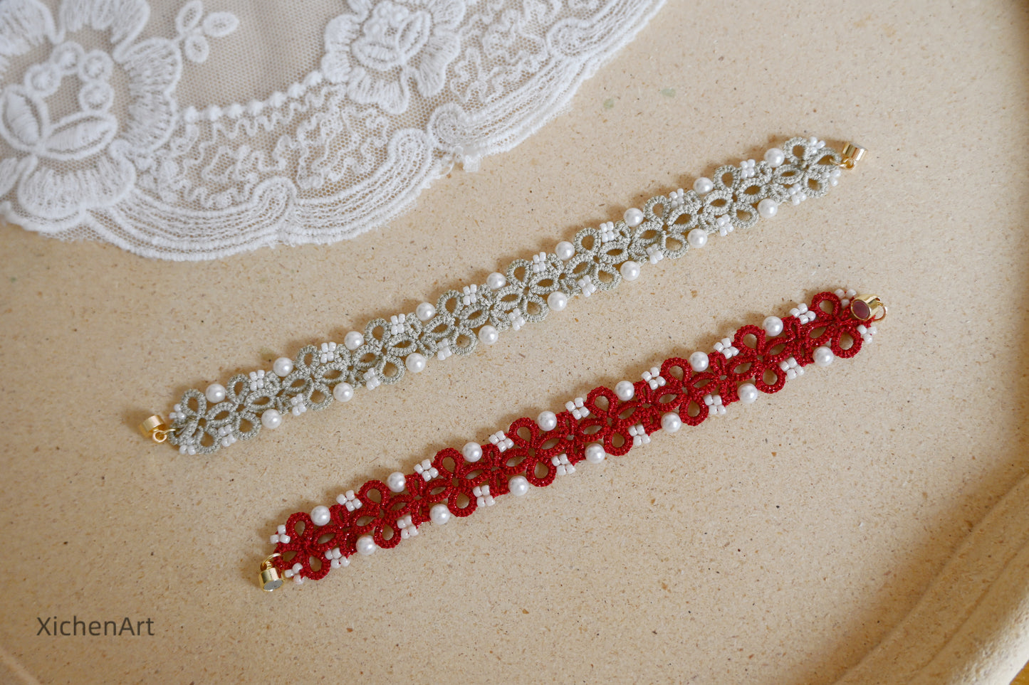 handmade tatting bracelet with pearl