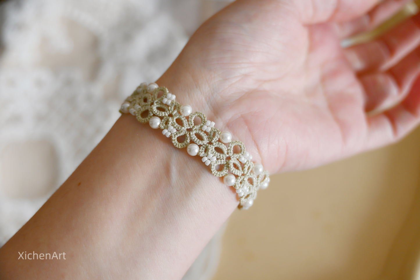 handmade tatting bracelet with pearl