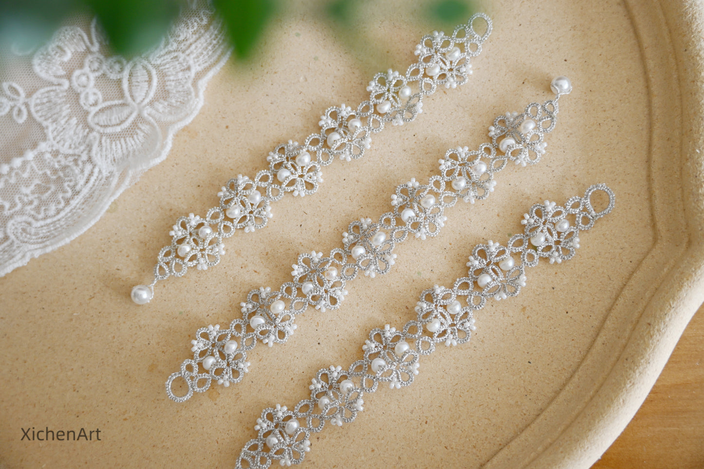 tatting bracelet with silver thread with natural pearls, beautiful and unique design handmade tatting bracelet