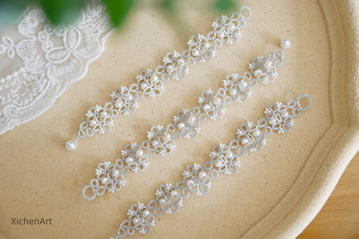 tatting bracelet with silver thread with natural pearls, beautiful and unique design handmade tatting bracelet