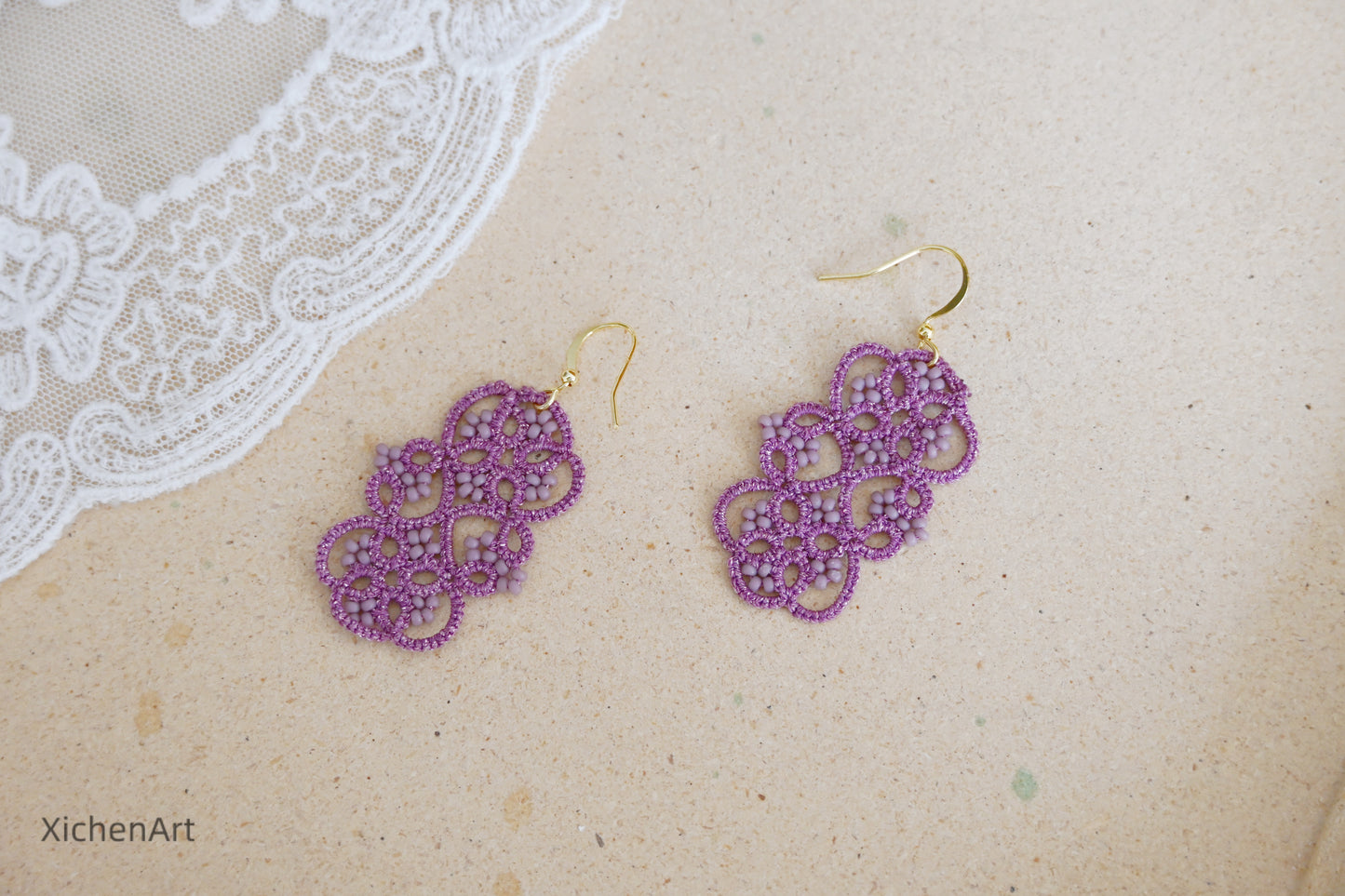 tatting earrings with elegance purple color and miyuki beads, charming purple tatting earrings with beads, Frivolité handmade tatting earrings