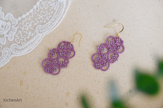 tatting earrings with elegance purple color and miyuki beads, charming purple tatting earrings with beads, Frivolité handmade tatting earrings