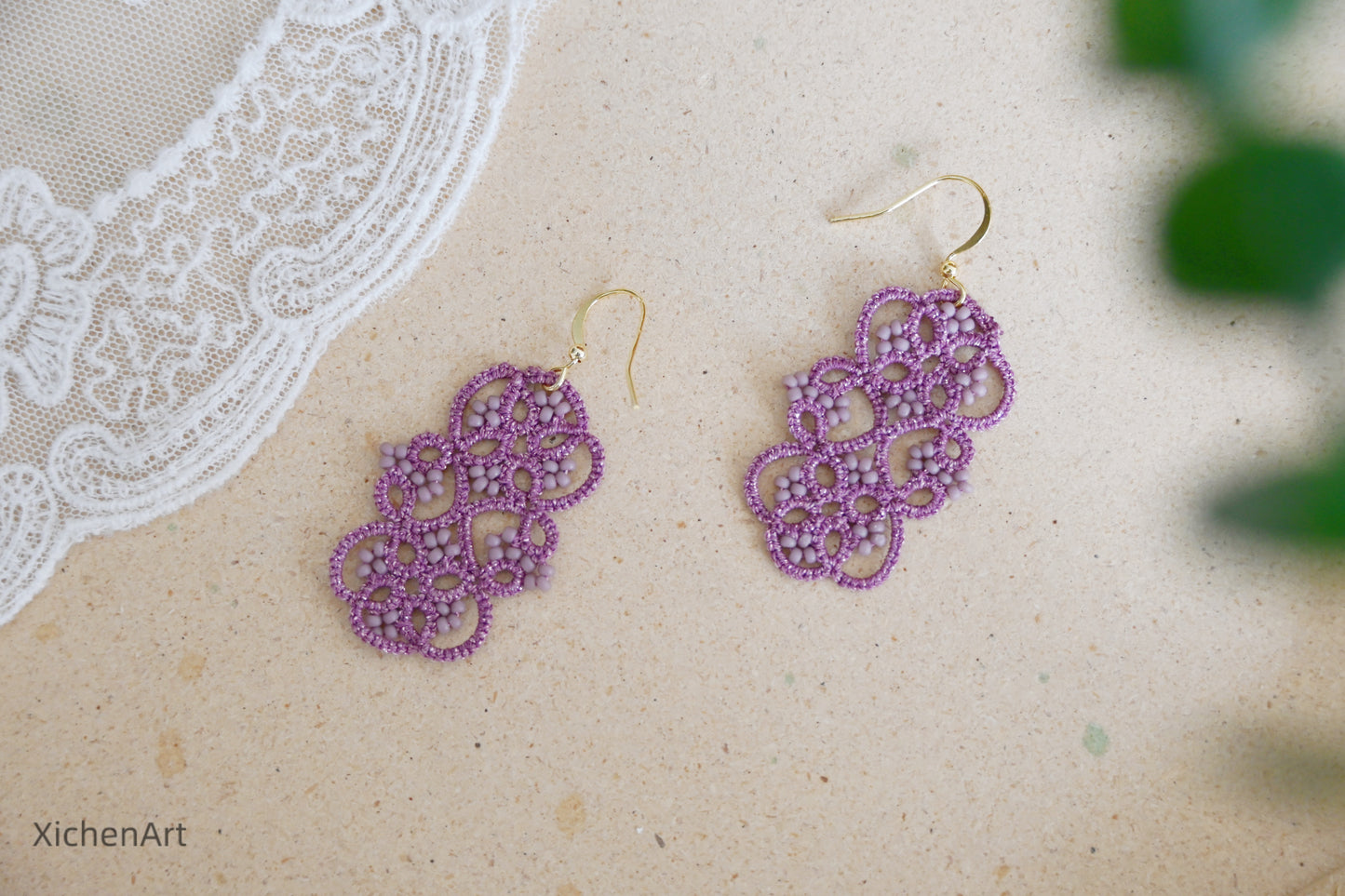 tatting earrings with elegance purple color and miyuki beads, charming purple tatting earrings with beads, Frivolité handmade tatting earrings