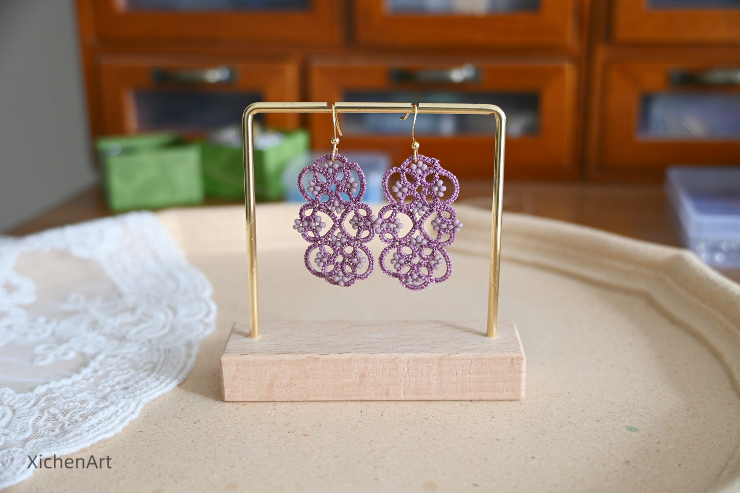 tatting earrings with elegance purple color and miyuki beads, charming purple tatting earrings with beads, Frivolité handmade tatting earrings