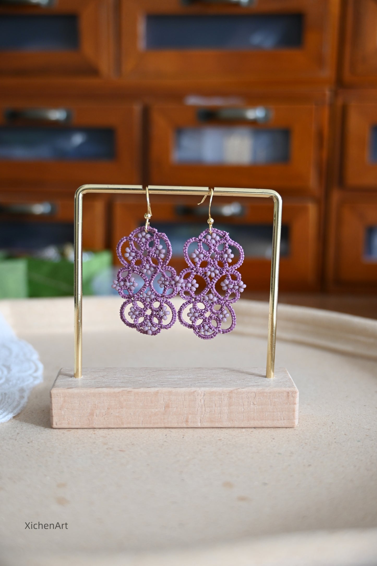 tatting earrings with elegance purple color and miyuki beads, charming purple tatting earrings with beads, Frivolité handmade tatting earrings