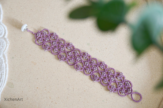 elegant purple tatting bracelet with miyuki beads, beautiful purple tatting lace bracelet, frivolite tatting bracelet with purple lace and beads