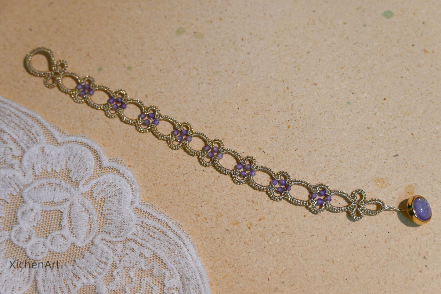 champagne color tatting bracelet with purple zircon, charming and beautiful tatting bracelet suit for any accessory,