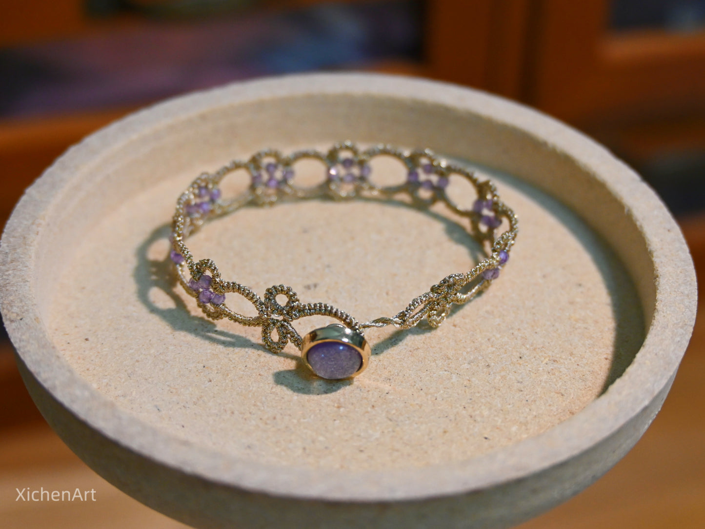 champagne color tatting bracelet with purple zircon, charming and beautiful tatting bracelet suit for any accessory,