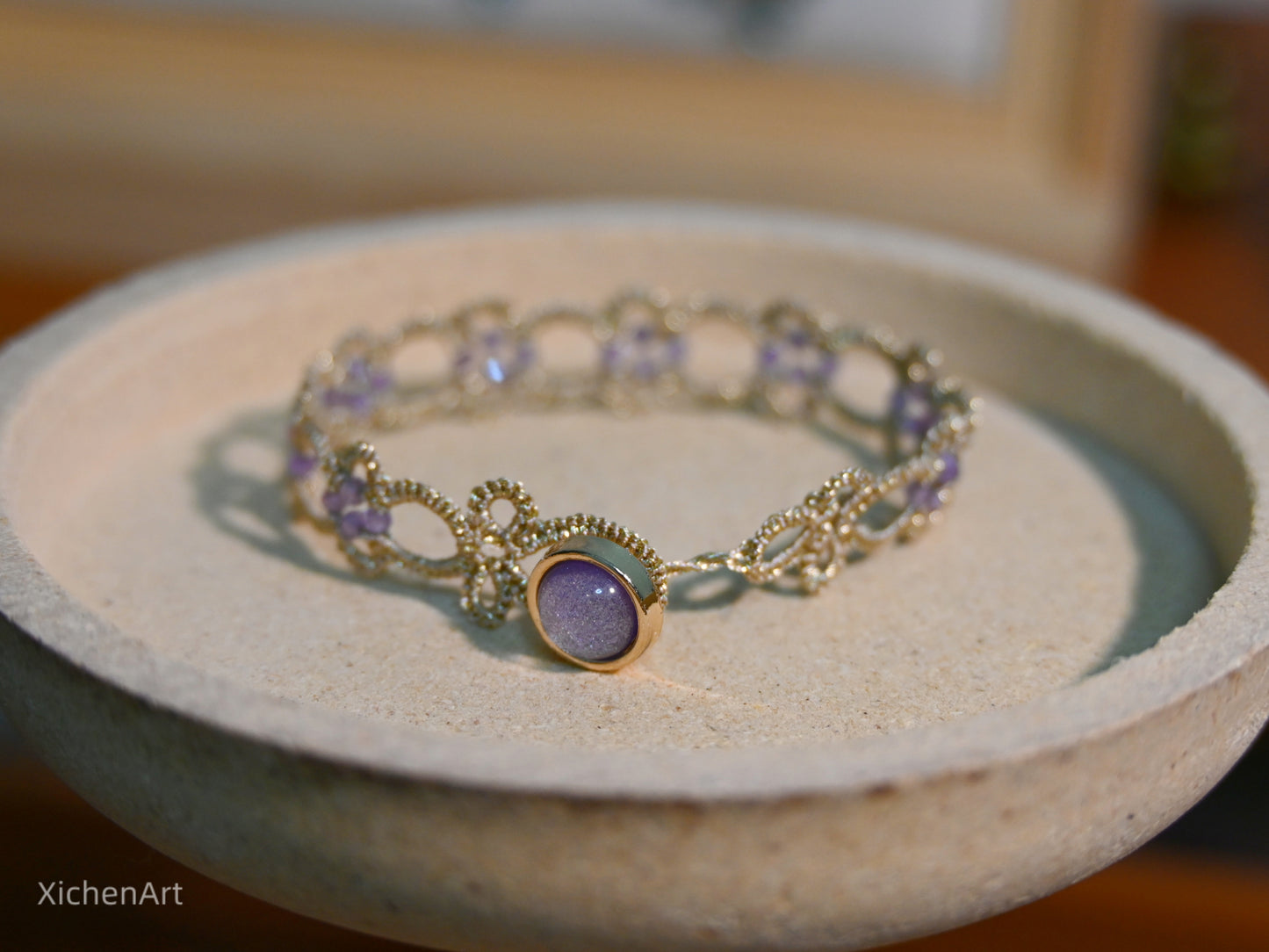 champagne color tatting bracelet with purple zircon, charming and beautiful tatting bracelet suit for any accessory,