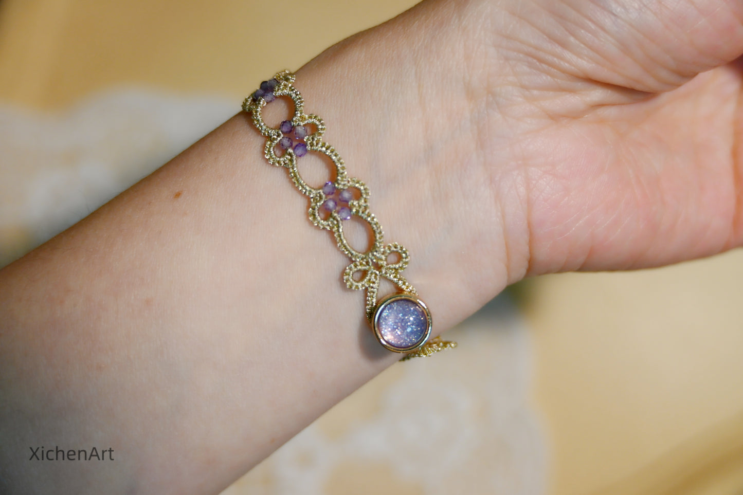 champagne color tatting bracelet with purple zircon, charming and beautiful tatting bracelet suit for any accessory,