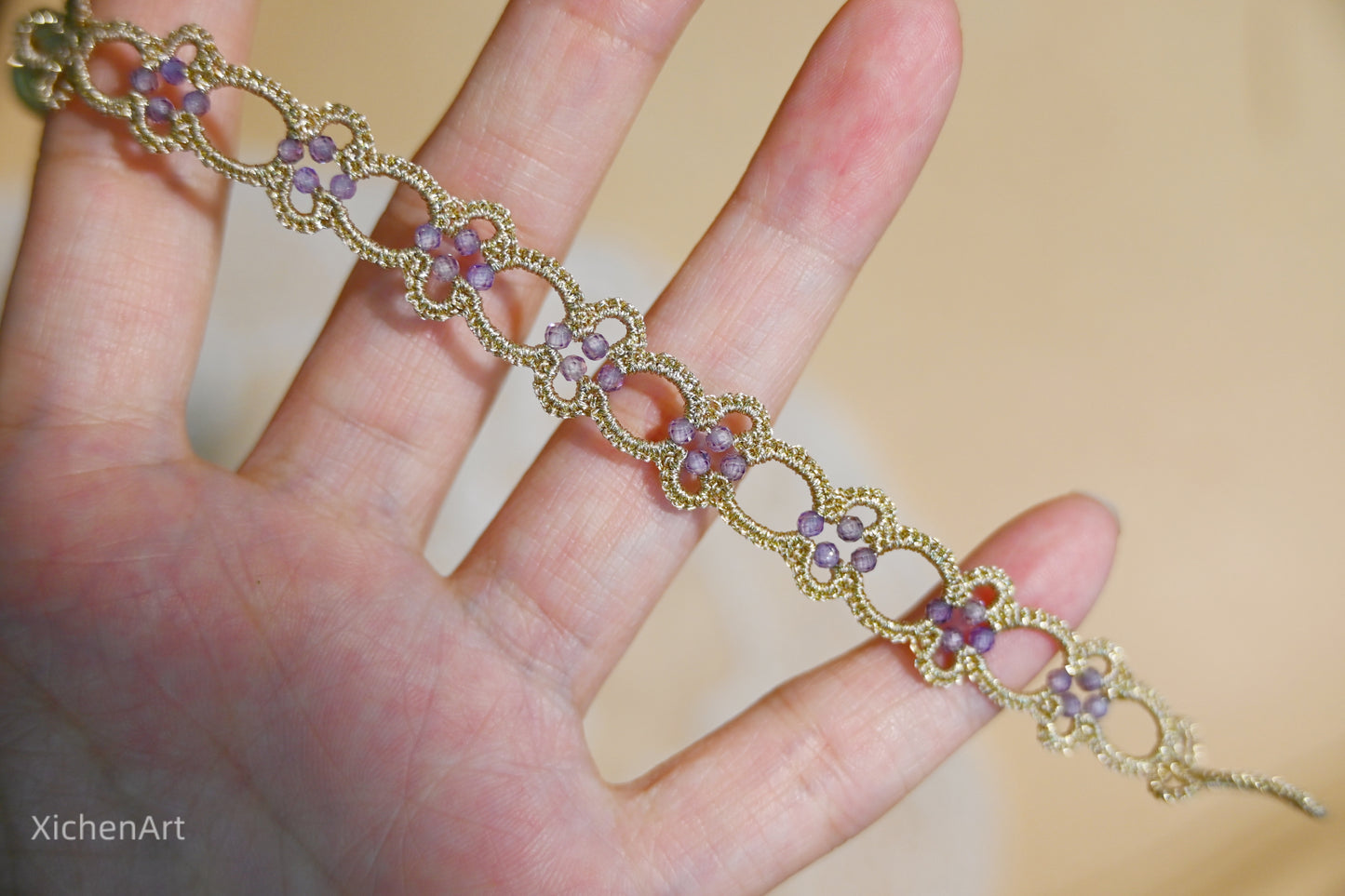 champagne color tatting bracelet with purple zircon, charming and beautiful tatting bracelet suit for any accessory,