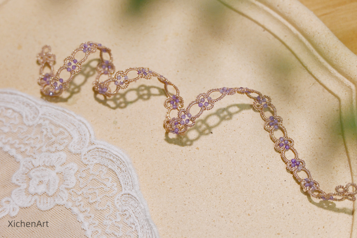 charming tatting choker, handmade tatting bride necklace with purple zircons