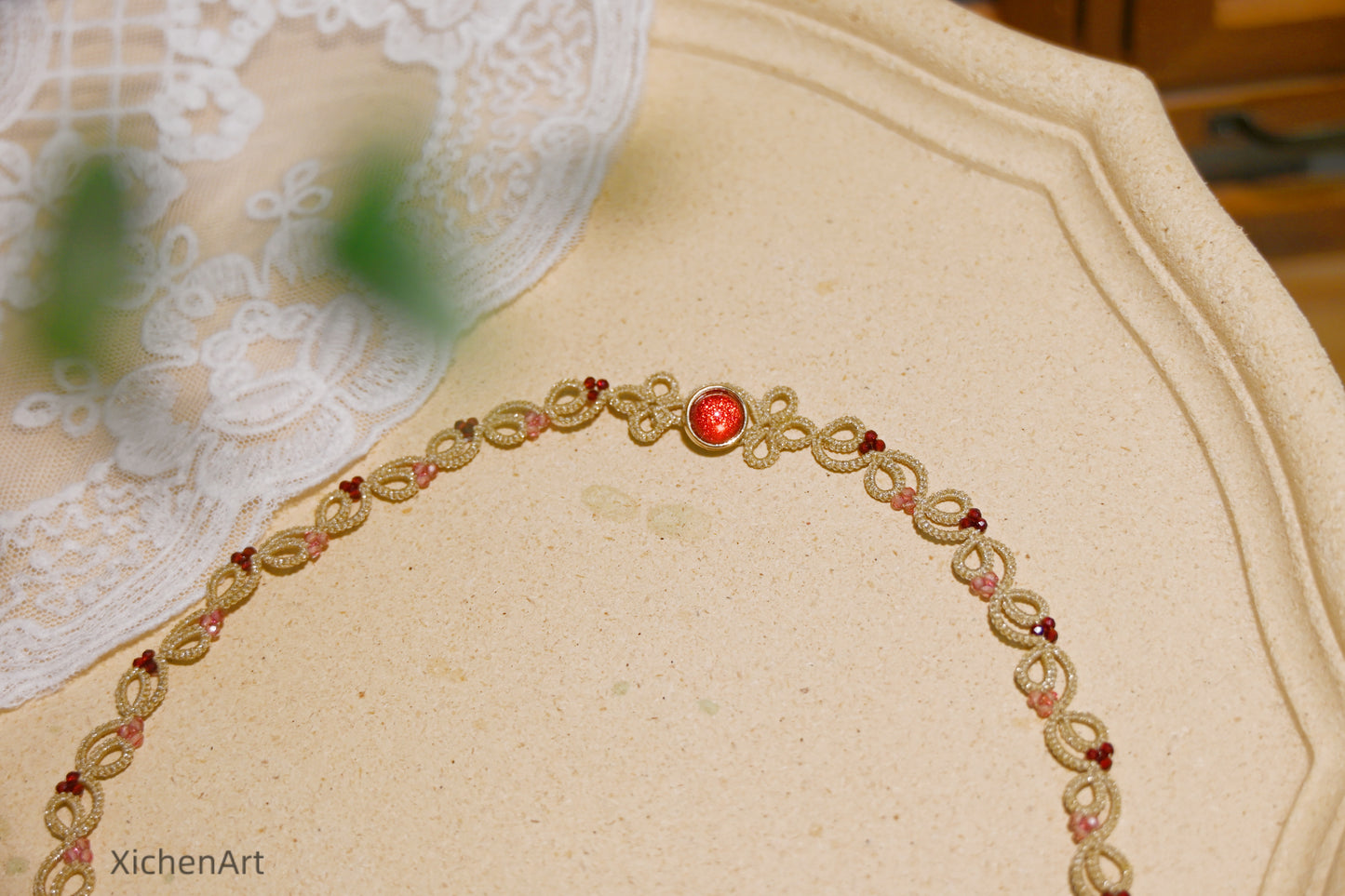 elegance frivolite tatting necklace, handmade tatting necklace with zircon,