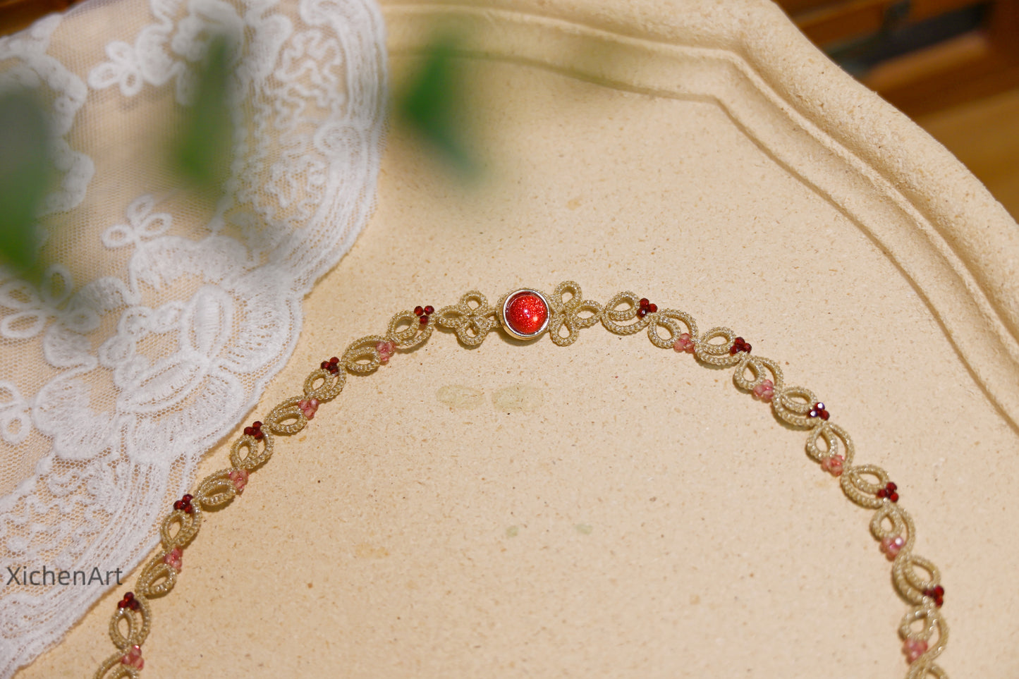 elegance frivolite tatting necklace, handmade tatting necklace with zircon,