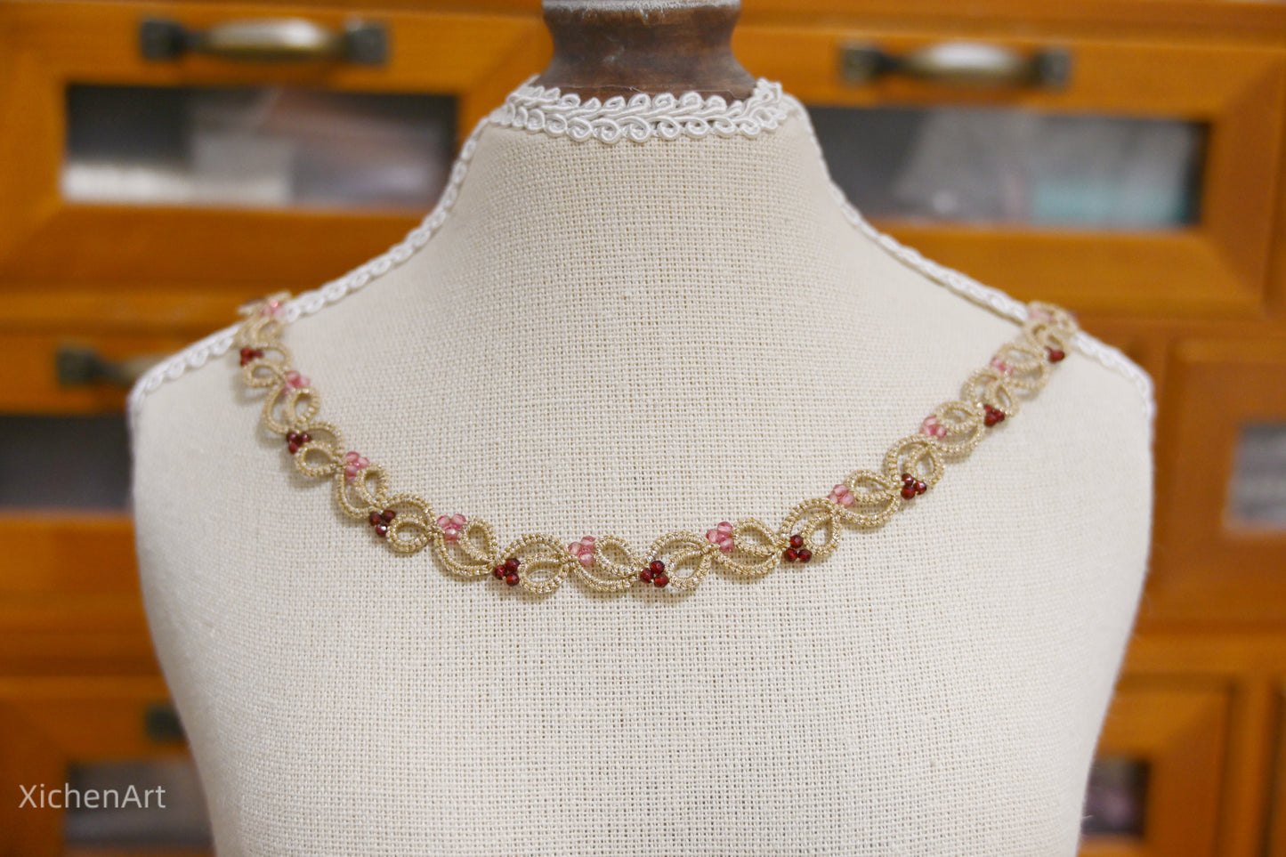 elegance frivolite tatting necklace, handmade tatting necklace with zircon,