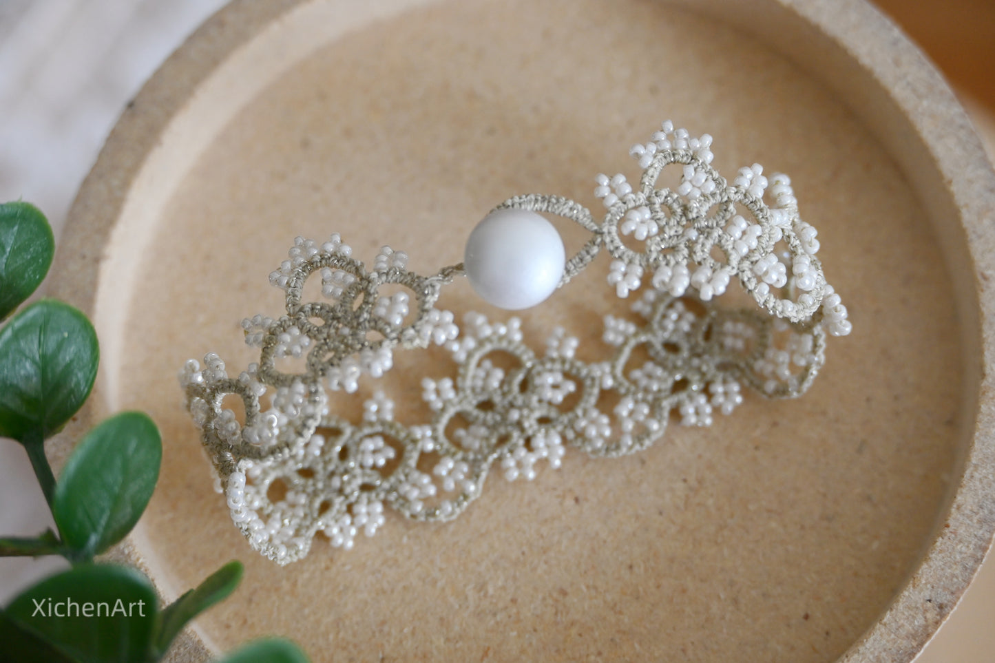 handmade rice white frivolite tatting bracelet suit for wedding or bride