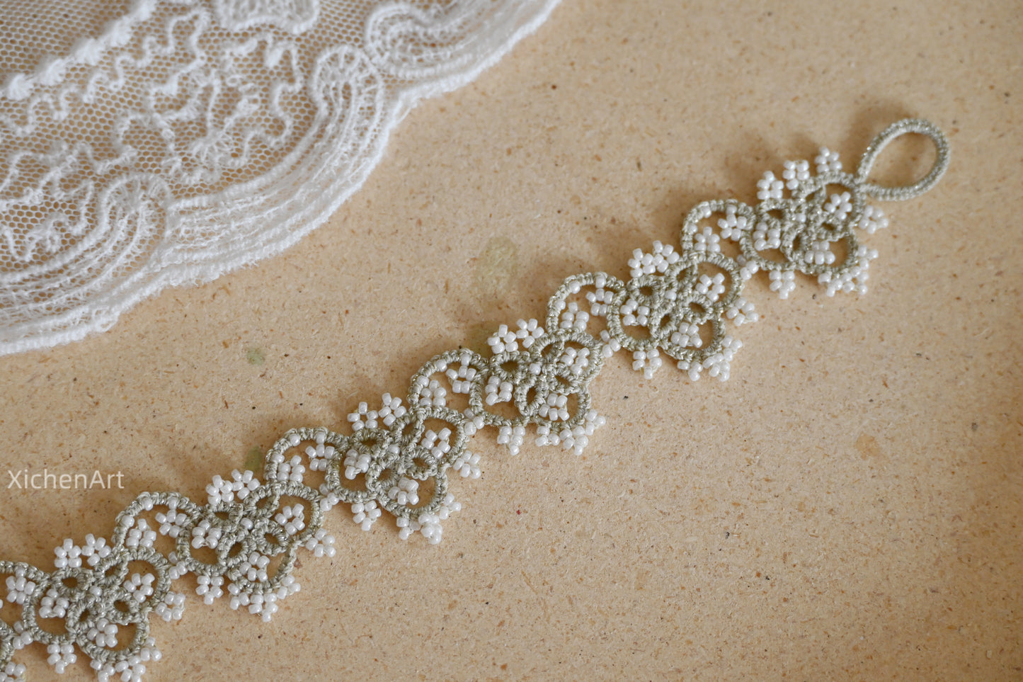 handmade rice white frivolite tatting bracelet suit for wedding or bride