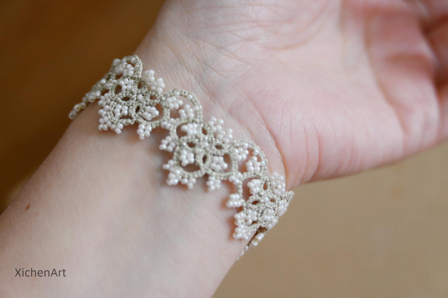 handmade rice white frivolite tatting bracelet suit for wedding or bride