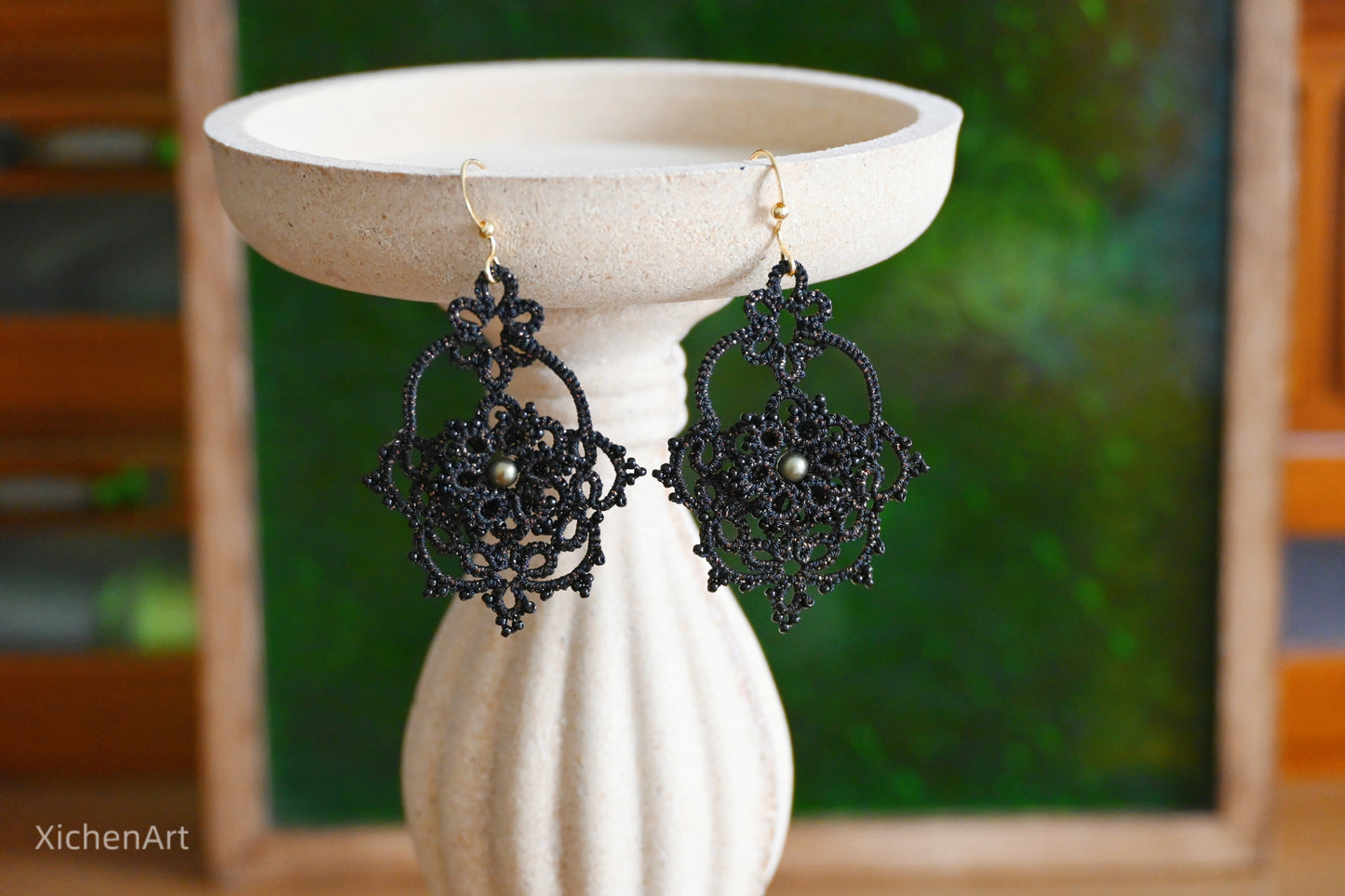 frivolite tatting earring with pearls and beads, handmade tatting earring with black thread, gorgeous tatting earring by handmade