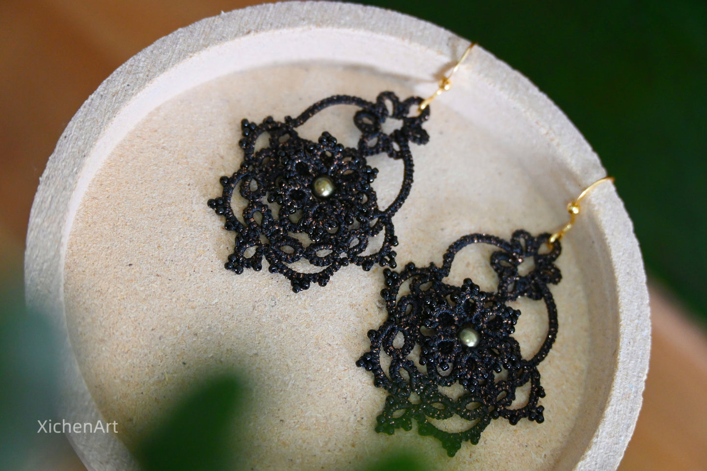 frivolite tatting earring with pearls and beads, handmade tatting earring with black thread, gorgeous tatting earring by handmade