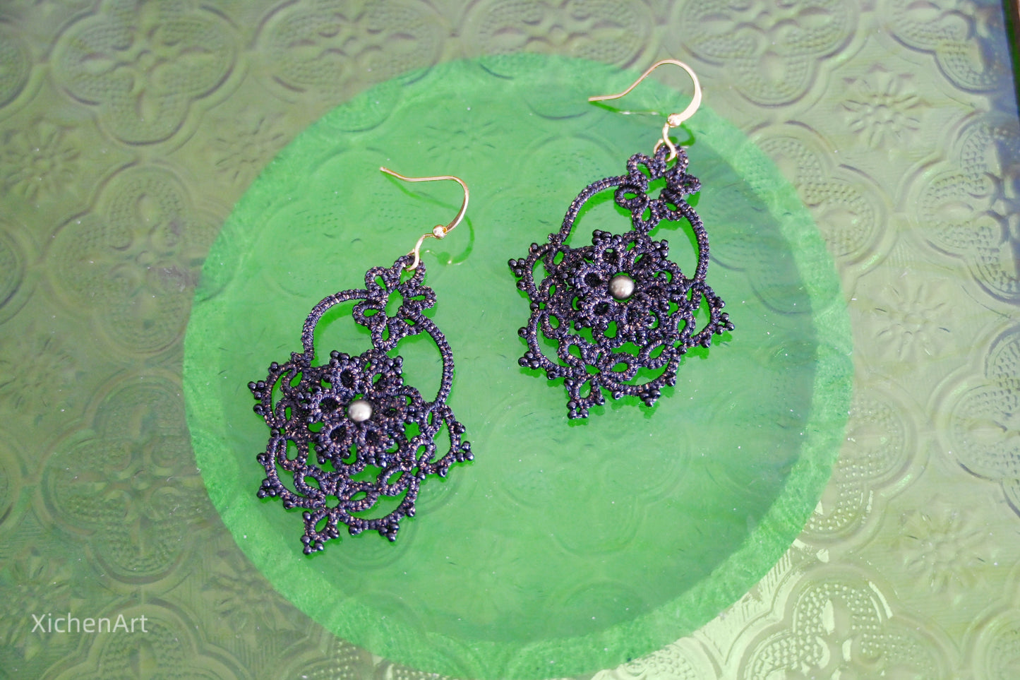 frivolite tatting earring with pearls and beads, handmade tatting earring with black thread, gorgeous tatting earring by handmade