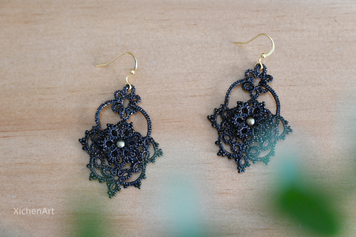 frivolite tatting earring with pearls and beads, handmade tatting earring with black thread, gorgeous tatting earring by handmade