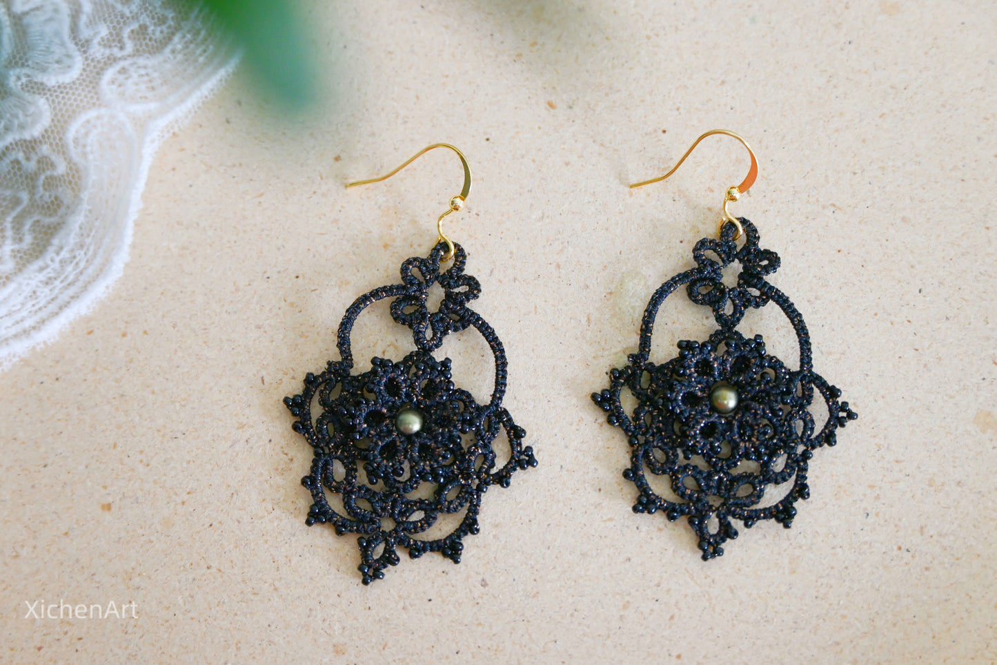 frivolite tatting earring with pearls and beads, handmade tatting earring with black thread, gorgeous tatting earring by handmade