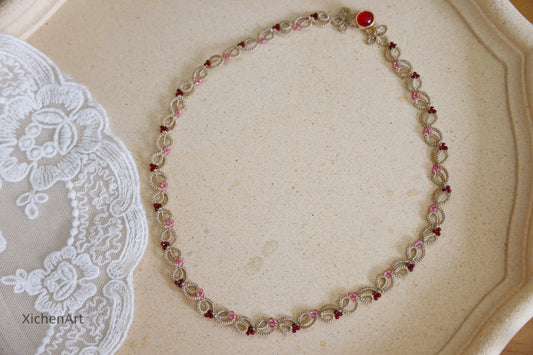 elegance frivolite tatting necklace, handmade tatting necklace with zircon,