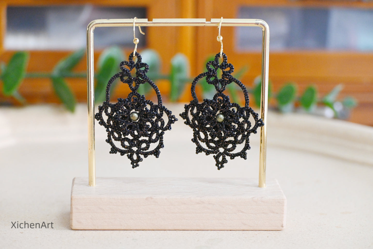 frivolite tatting earring with pearls and beads, handmade tatting earring with black thread, gorgeous tatting earring by handmade