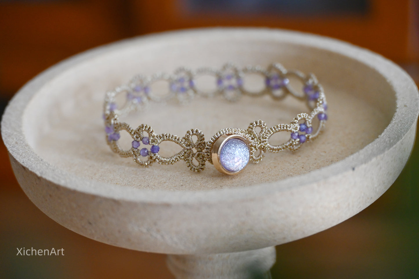 champagne color tatting bracelet with purple zircon, charming and beautiful tatting bracelet suit for any accessory,