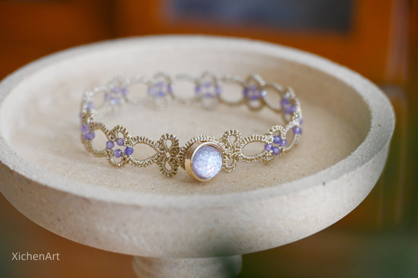 champagne color tatting bracelet with purple zircon, charming and beautiful tatting bracelet suit for any accessory,