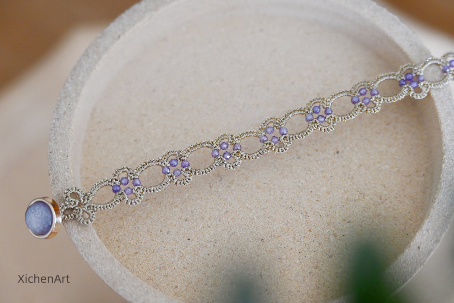 champagne color tatting bracelet with purple zircon, charming and beautiful tatting bracelet suit for any accessory,