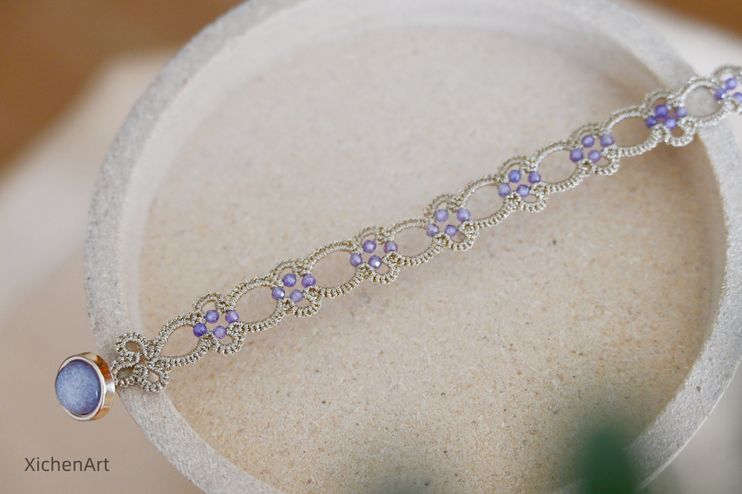 champagne color tatting bracelet with purple zircon, charming and beautiful tatting bracelet suit for any accessory,