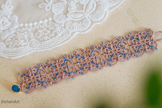 frivolite tatting bracelet, tatting lace bracelet with glass beads, pink tatting bracelet