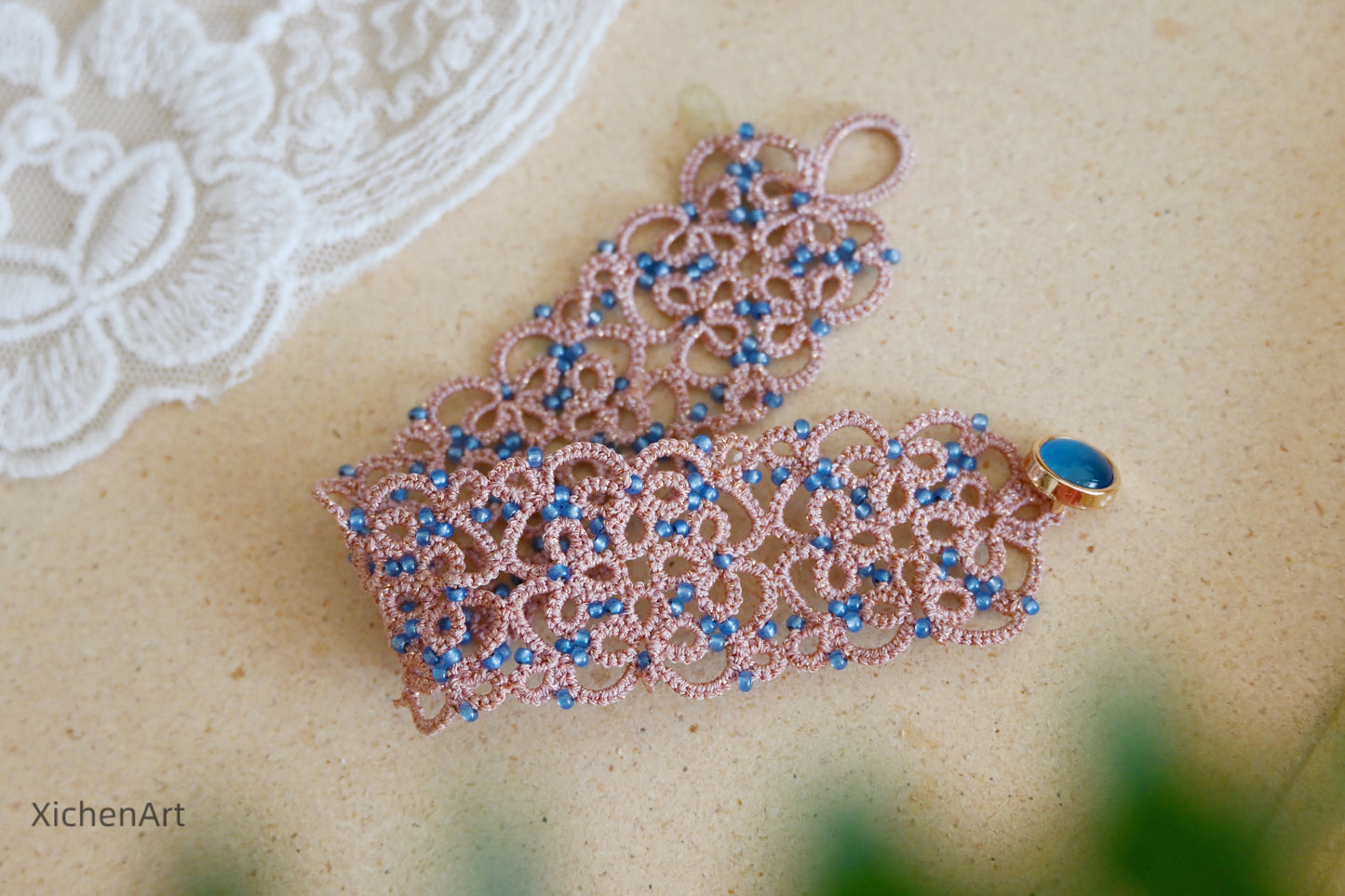 frivolite tatting bracelet, tatting lace bracelet with glass beads, pink tatting bracelet