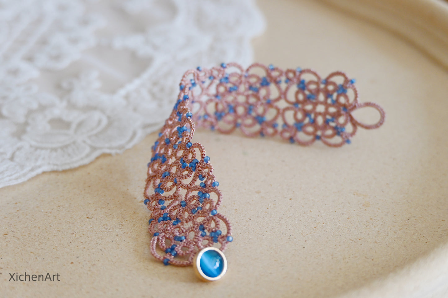 frivolite tatting bracelet, tatting lace bracelet with glass beads, pink tatting bracelet