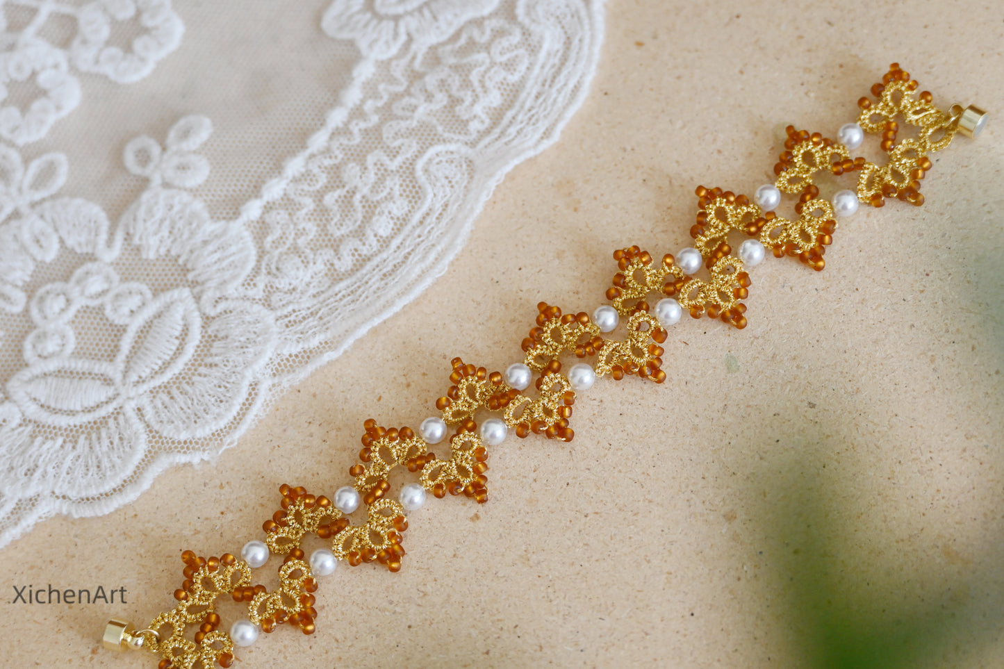 luxurious golden color tatting bracelet with pearls and glass beads