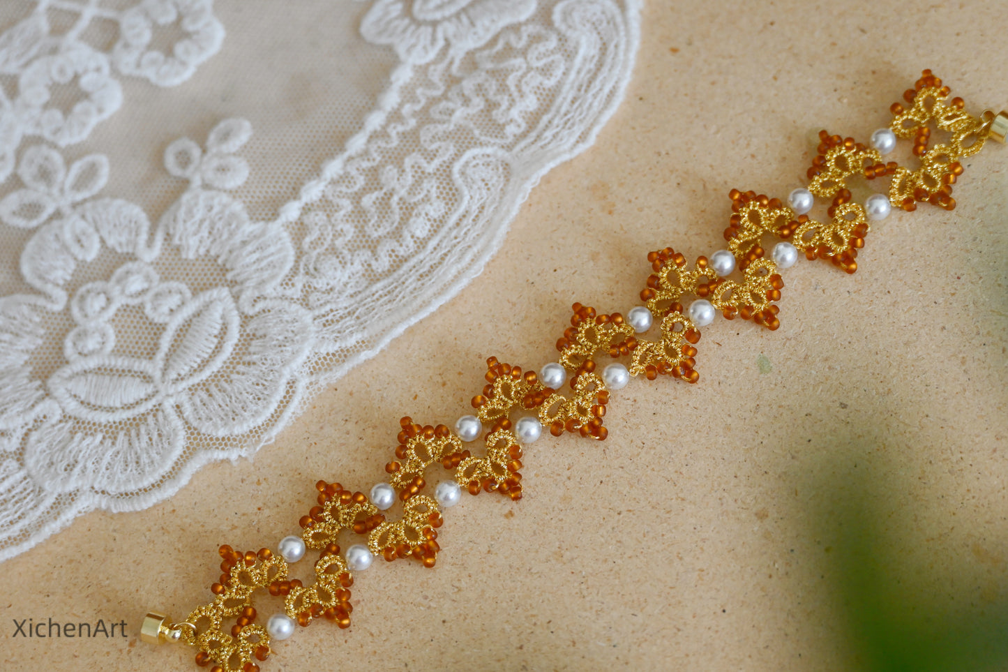 luxurious golden color tatting bracelet with pearls and glass beads