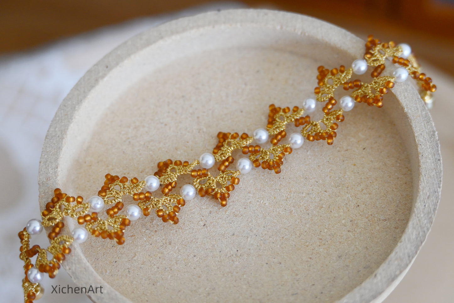 luxurious golden color tatting bracelet with pearls and glass beads