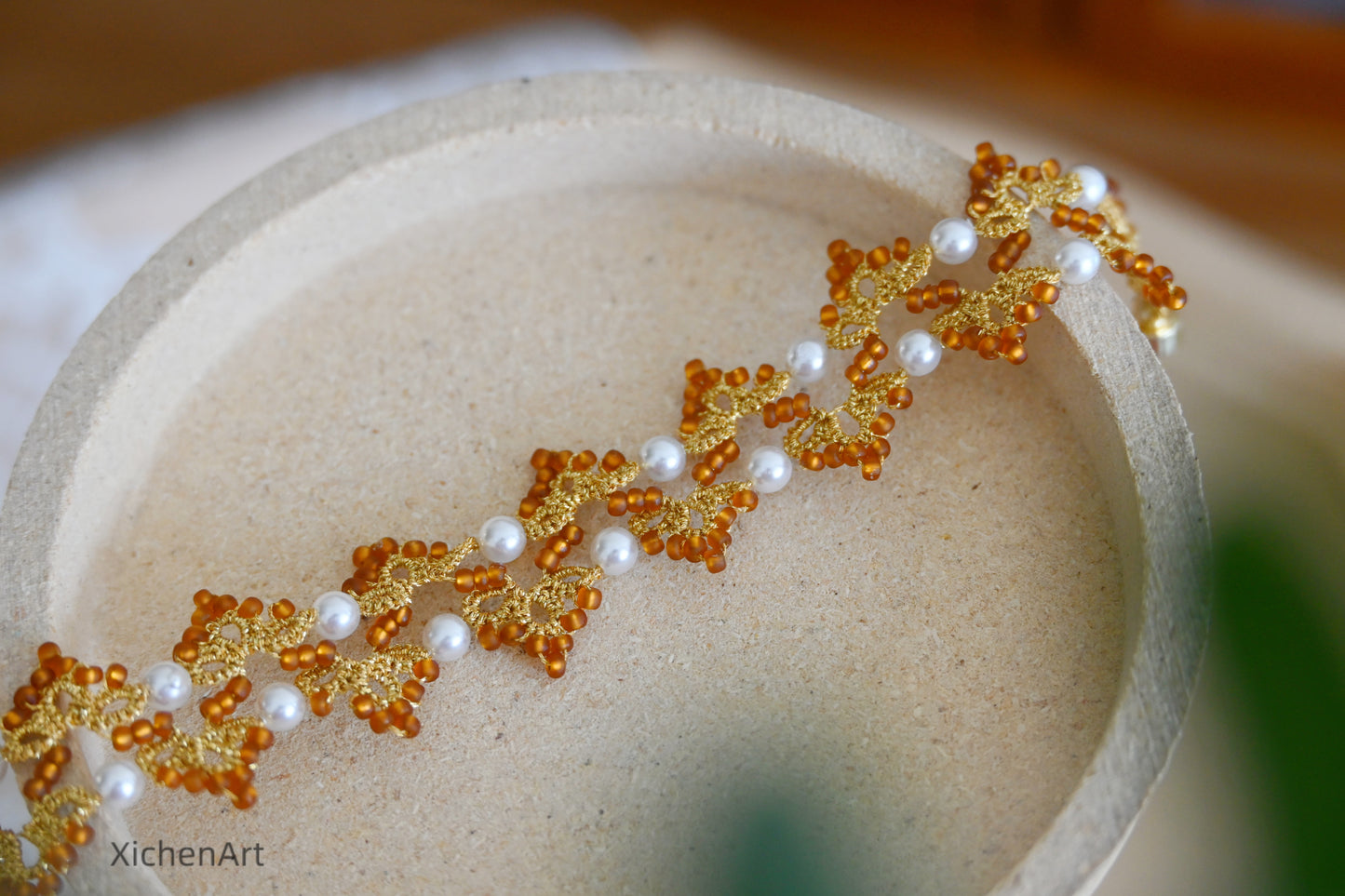 luxurious golden color tatting bracelet with pearls and glass beads