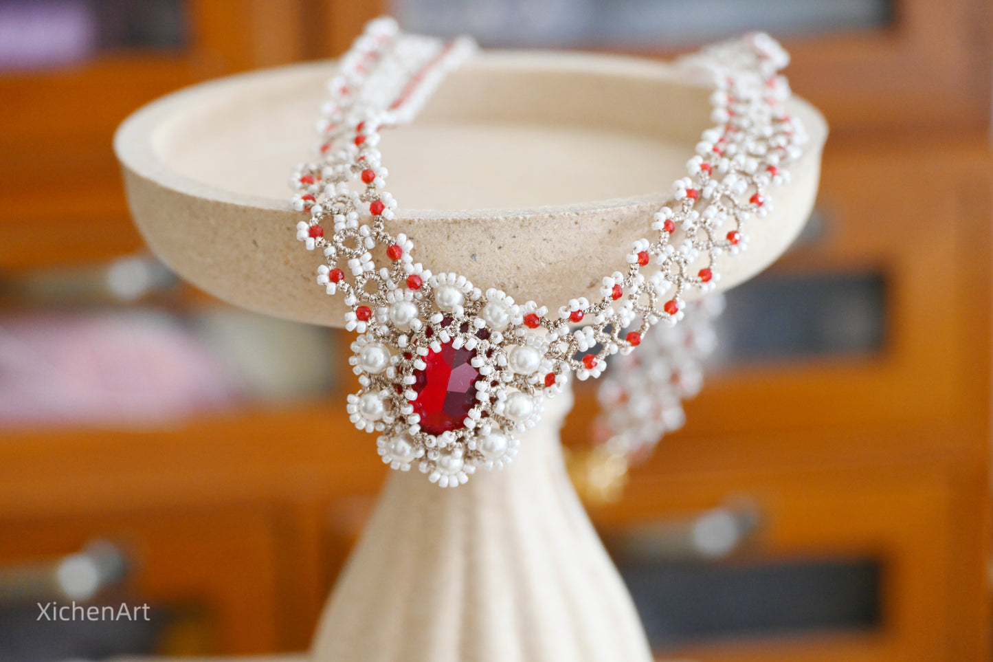 tatting necklace with crystal very beautiful, tatting necklace with red beads, tatting favorite necklace very vintage