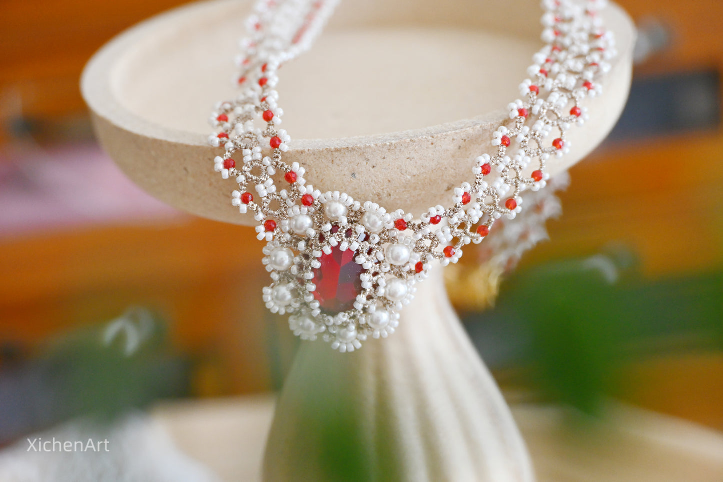 tatting necklace with crystal very beautiful, tatting necklace with red beads, tatting favorite necklace very vintage